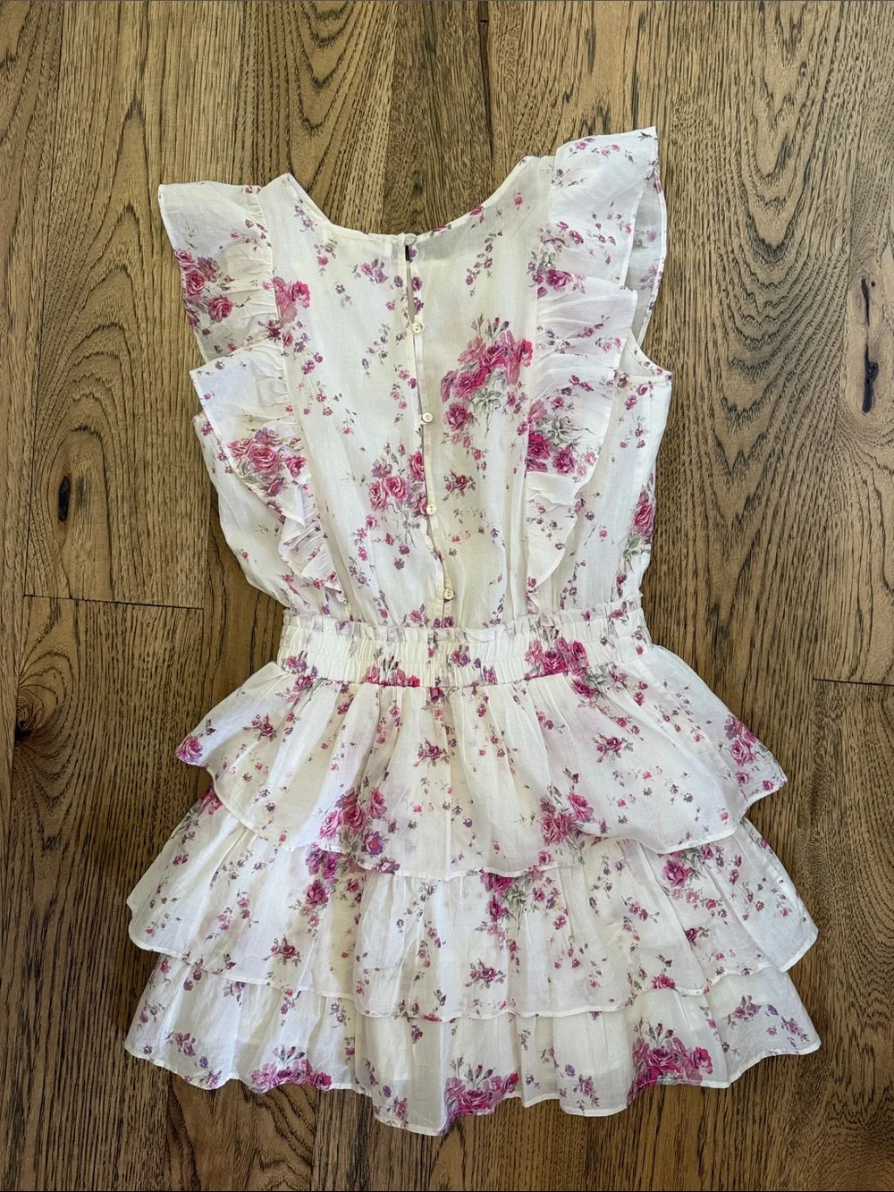 LoveShackFancy Gorgeous White Dress with Pink Floral Ruffle Details